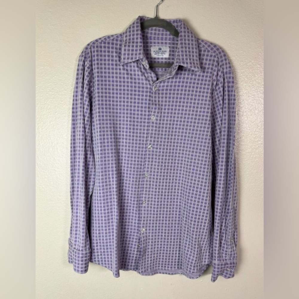 Mizzen + Main Men Trim Fit Purple Checkered Plaid Button Up Shirt Medium Stretch
